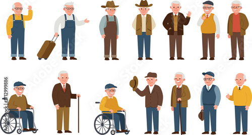 Cartoon elderly men in various outfits and poses, senior citizens with walking sticks, wheelchairs, hats, and luggage, vector illustration, diverse aging characters