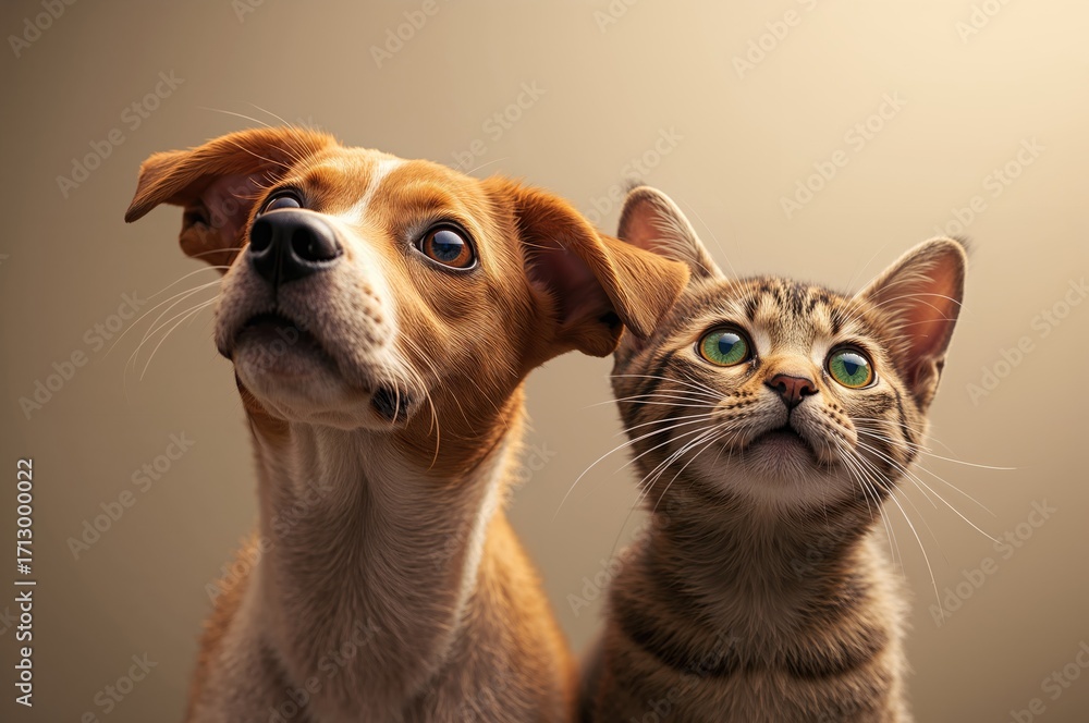 Fototapeta premium Close-up of a cat and dog gazing upward with focused looks, space for text above