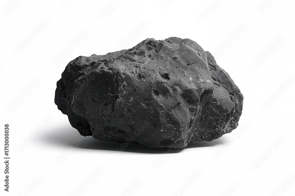 Obraz premium Isolated sample of basalt stone on a white backdrop. Basalt, a mafic volcanic rock, is the most common igneous rock worldwide.