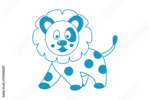 Adorable lion outlined in blue has polka dots and a delightful mane