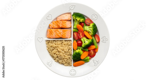 A balanced meal on a divided plate isolated on transparent background promotes healthy eating