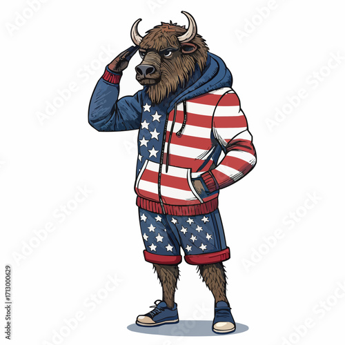 Illustration of a buffalo anthropomorphic figure wearing american flag themed clothing and saluting
