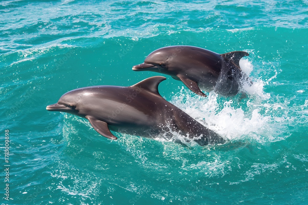 Naklejka premium Dusky Dolphins twist and twirl while leaping through the ocean