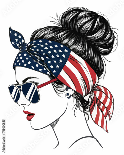 Illustration of a woman with a messy bun, sunglasses, and an american flag bandana tied around her head