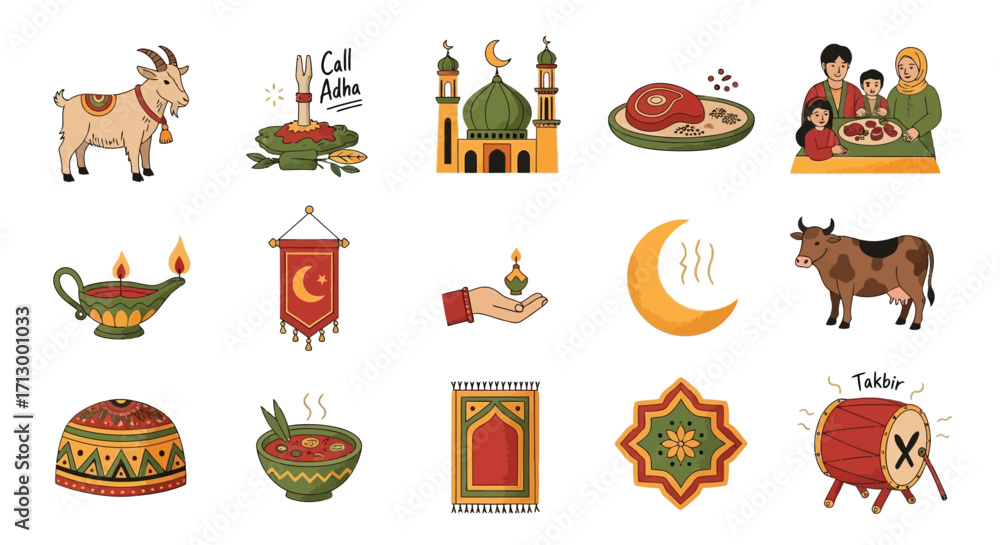 Fototapeta premium Eid al-Adha Holiday Icons Celebrating Sacrifice and Community