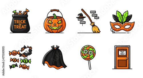 Collection of Halloween Icons Spooky Treats, Decorations, and Festive Elements