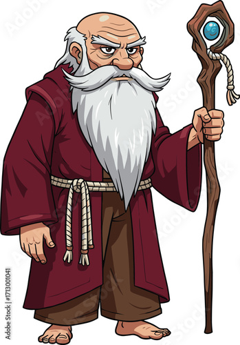 Cartoon wizard, elderly mage, fantasy character, magical staff, mystical elder, barefoot sorcerer, enchanted robe, blue gem, spellcaster, folklore design