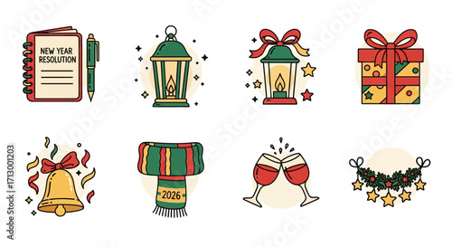 Festive New Year Icons Resolutions, Lanterns, Gifts, and Celebration Elements for 2026