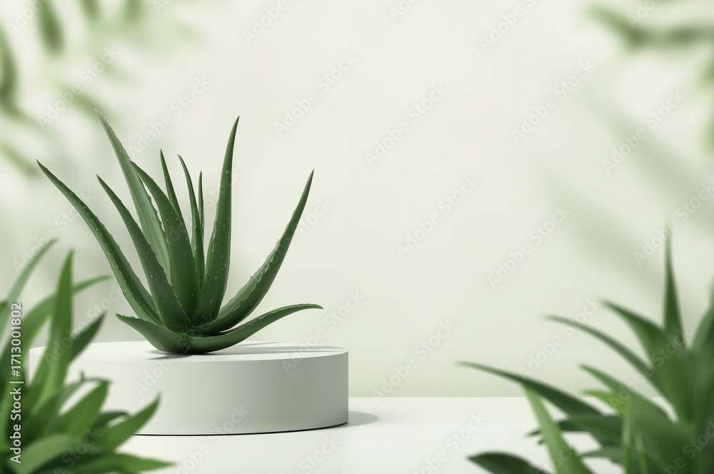 Fototapeta premium Natural cosmetics backdrop featuring aloe vera plants and display platform