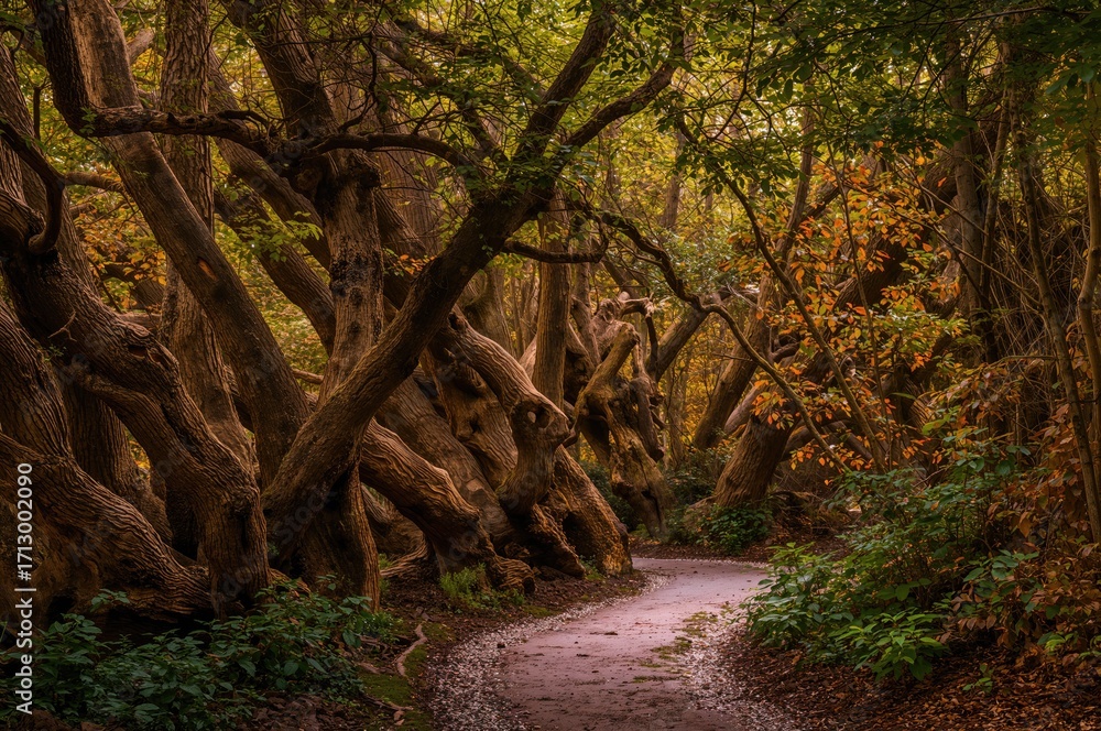 Obraz premium Twisted and tilted tree trunks densely populating a park with a path running beneath them during summer