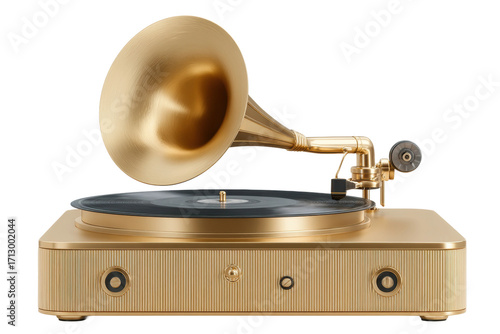 Vintage gold gramophone with record on turntable, cut out