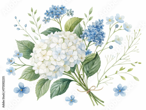 Watercolor floral bouquet featuring white hydrangeas and delicate blue forget me not flowers artfully arranged