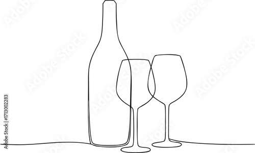 Minimalist line art of wine bottle and two glasses elegant simplicity for beverage photography