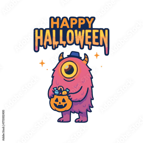 Cute pink one eyed monster wearing a hat holding a pumpkin candy bucket for happy halloween