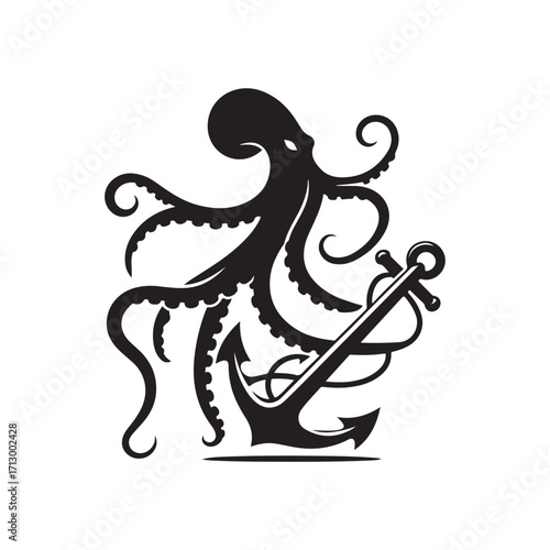 kraken tentacle dragging down anchor vector silhouette clip art logo design illustration