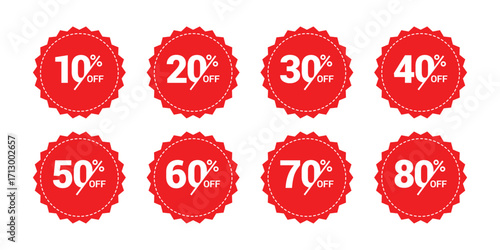 Special red circular sale tags with discount values of 10, 20, 30, 40, 50, 60, 70, and 80 percent off designed for promotion, advertising, and price reduction offers.