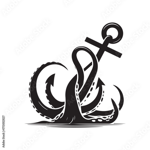 kraken tentacle dragging down anchor vector silhouette clip art logo design illustration
