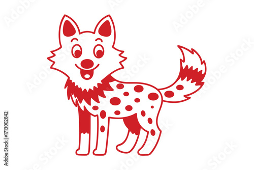 Animated red outline cartoon dog happily standing with polka dot patterned fur on a white surface