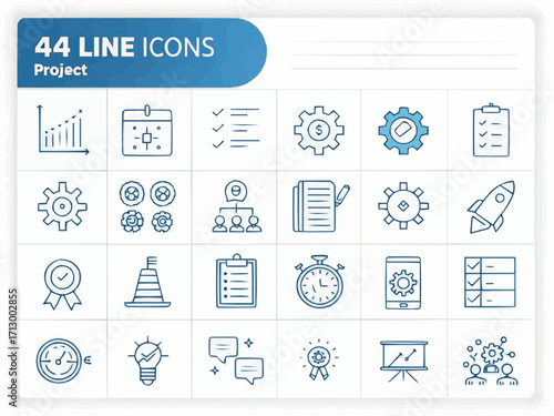 Illustration of project management icons including charts gears and checklists arranged in a grid pattern