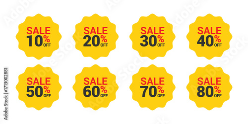Bright yellow starburst offer stickers with sale values of 10, 20, 30, 40, 50, 60, 70, and 80 percent off for marketing campaigns and product discount labels.