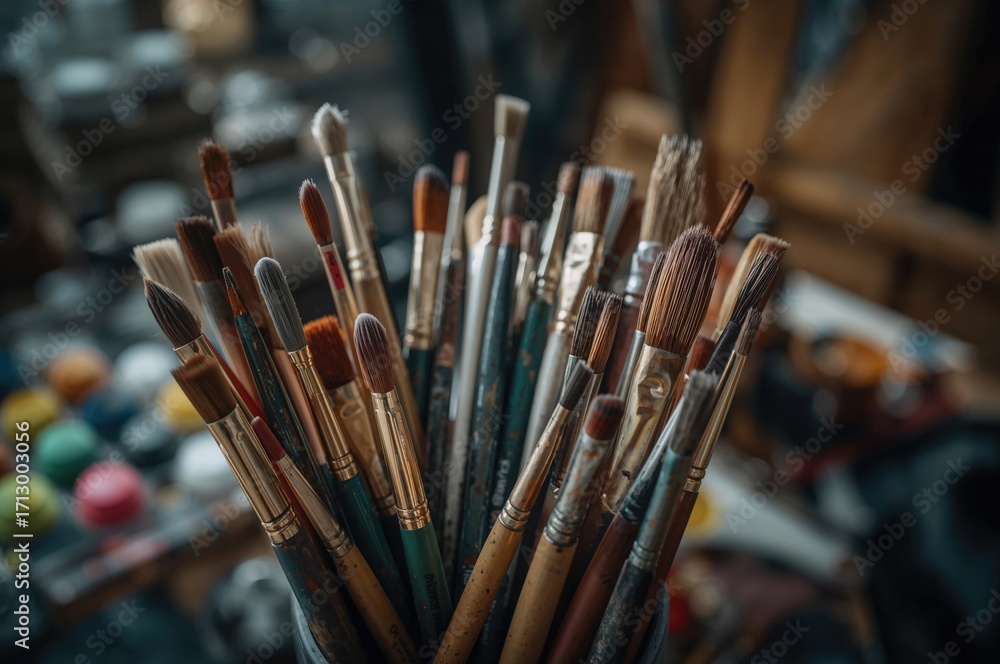 Fototapeta premium Frequently Utilized Brushes for Painting in an Art Workshop