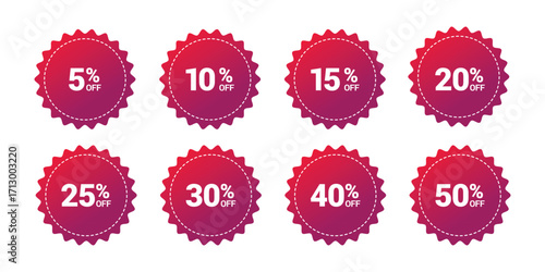 Modern purple gradient round sale tags displaying 5, 10, 15, 20, 25, 30, 40, and 50 percent off for advertising, shopping deals, and product marketing campaigns.