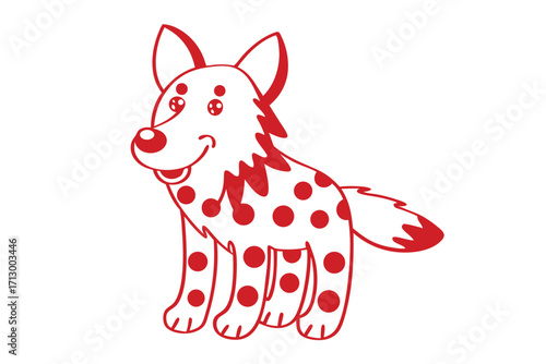 Animated wild dog with red spots smiles happily in a simple line art