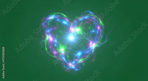 Vibrant energy heart pulsing with electric light and color, symbolizing passion and life force