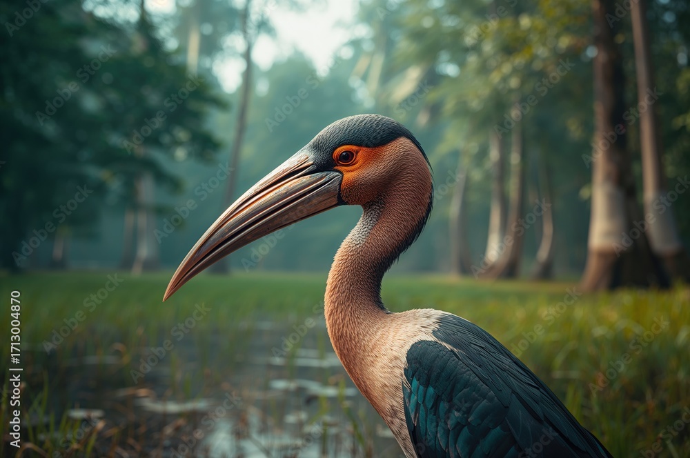 Fototapeta premium Openbill stork wading in marshland