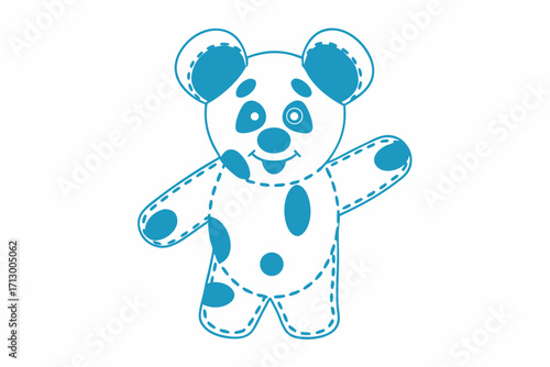 Blue cartoon teddy bear with visible stitches raises his left arm on a white background