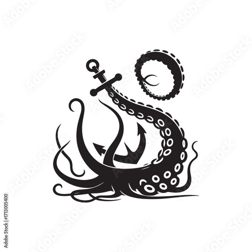 kraken tentacle dragging down anchor vector silhouette clip art logo design illustration