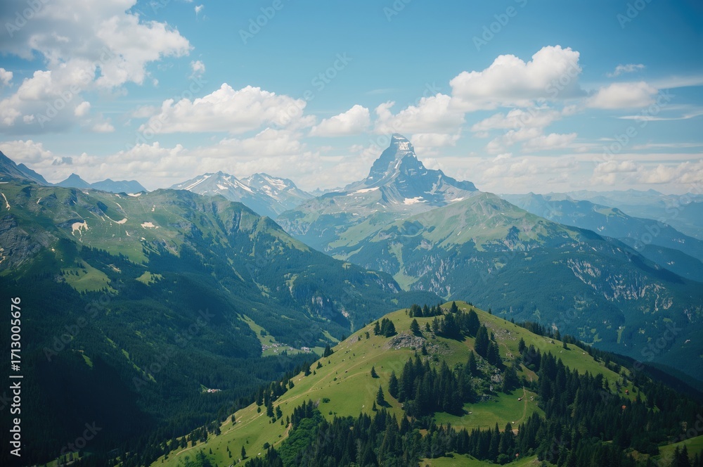 Fototapeta premium Wide-angle shot of three majestic peaks with lush green mountains, clear sky, and forest in summer