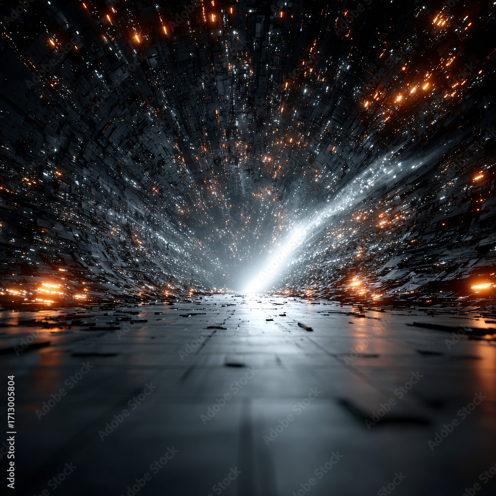 dark background, light beams, and rays of energy emanating from the center in all directions, 3d rendering. digital illustration with particles and a glowing effect