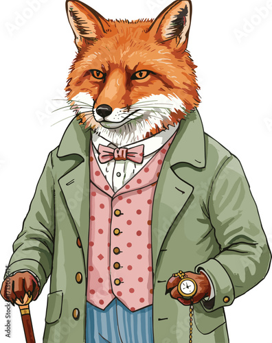 Victorian fox character illustration, anthropomorphic animal in gentleman attire, pocket watch and cane, vintage fashion, cartoon style, elegant animal design