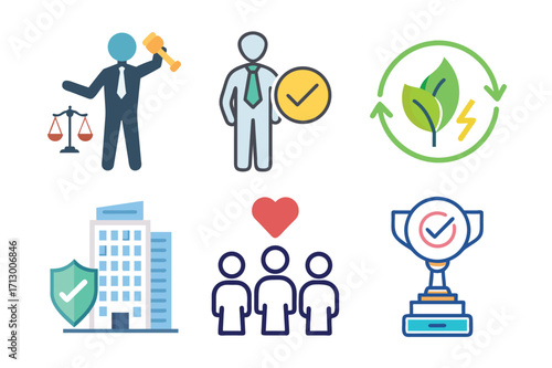 Corporate social responsibility and business ethics flat vector icon set