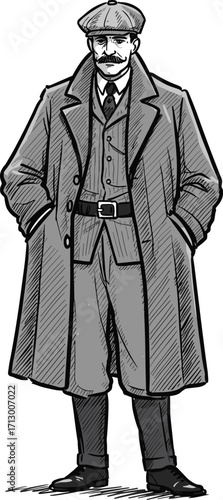 Vintage gentleman illustration, classic 1920s fashion, hand-drawn old man in trench coat and cap, retro style, historical character drawing.