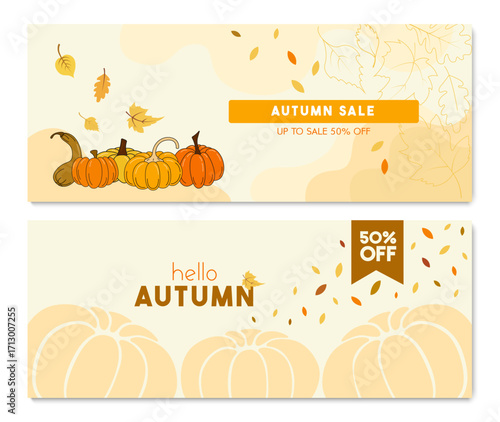 Autumn sale banner set with pumpkins, falling leaves, and seasonal design. Promotional template for fall discounts, Thanksgiving, or harvest festival offers.