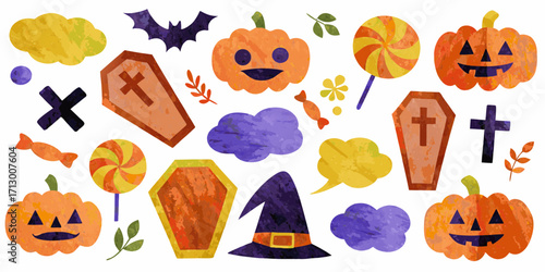 Whimsical halloween collection featuring jack o lanterns bats coffins candy and witch hats