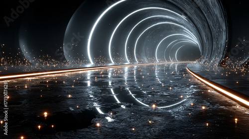 an ethereal, sparkling tunnel of light leading to the horizon. the scene is captured in high resolution with stunning realism and cinematic lighting. it features a close-up shot that highlights intric