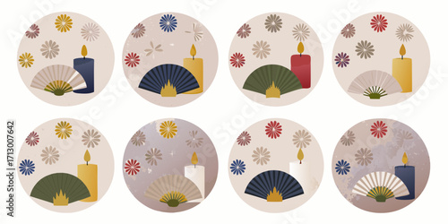 Collection of eight circular japanese inspired designs featuring candles and fans with floral motifs