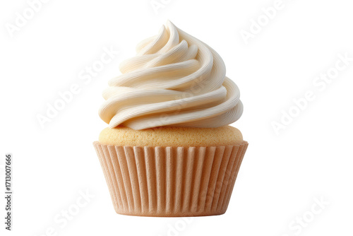 Vanilla cupcake with swirled frosting against black background, cut out