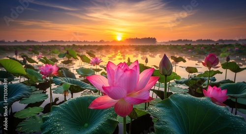 Pink lotus flowers bloom on a lake at sunrise with a colorful sky