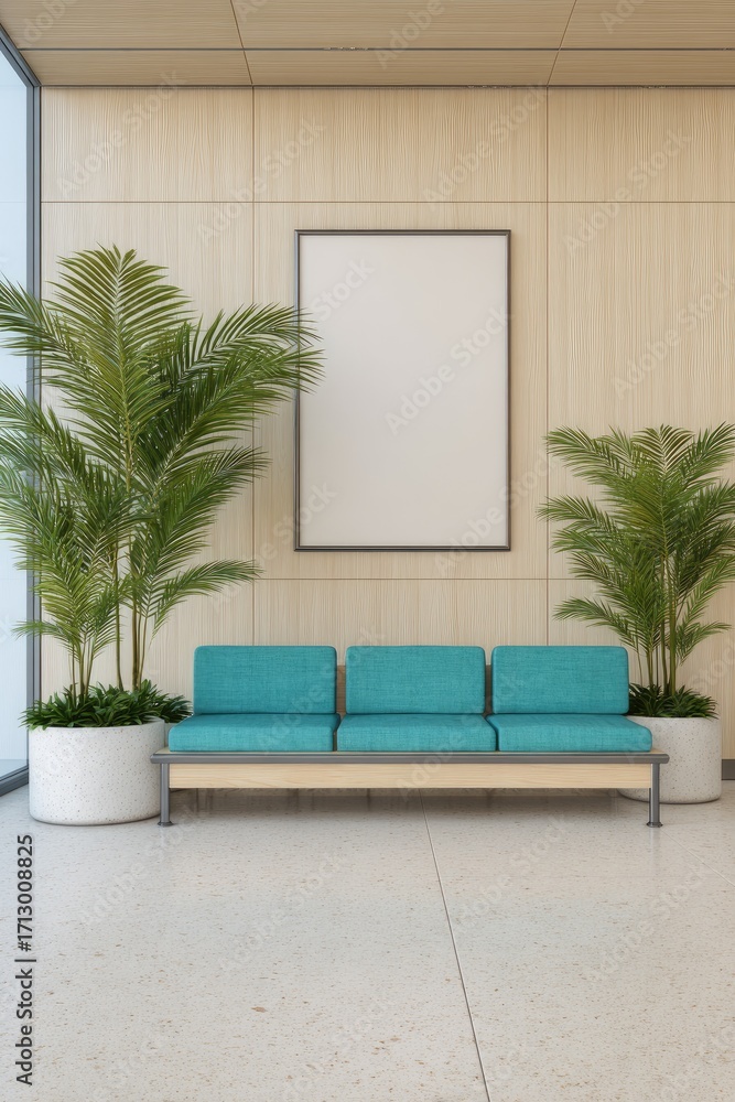 Naklejka premium A modern waiting area with light beige wooden walls, teal seating, and a blank poster frame, evokes a sense of calm and spaciousness.