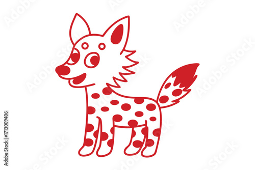 Cartoon dingo stands smiling with red spots outlines against a white background