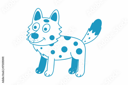 Cartoon dog standing with spots and a smiling face in blue outline looks inviting