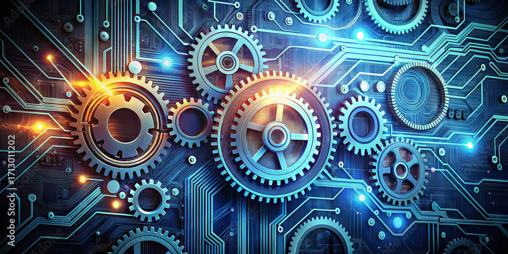 Fototapeta premium A collection of metallic gears intermingles with a circuit board pattern, showcasing the blend of machinery and technology. Bright lights illuminate the design, reflecting innovation