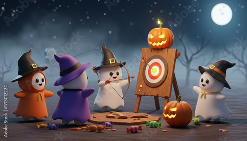 3D rendered Halloween scene featuring colorful costumed ghosts playing a wooden arrow target game with one ghost wearing a pumpkin on its head. Perfect for children’s books, seasonal posters
