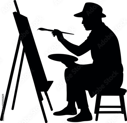 Black silhouette of artist painting on easel brush
