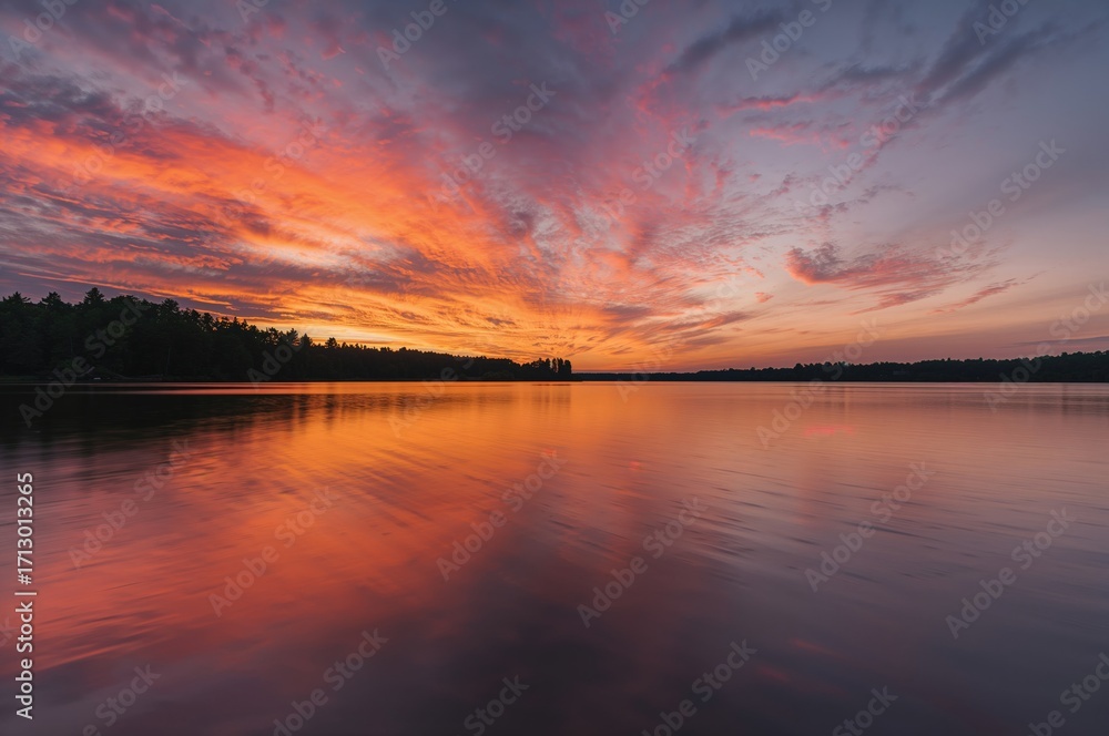 Obraz premium A breathtaking sunset illuminating tranquil lake surfaces with warm orange tones.