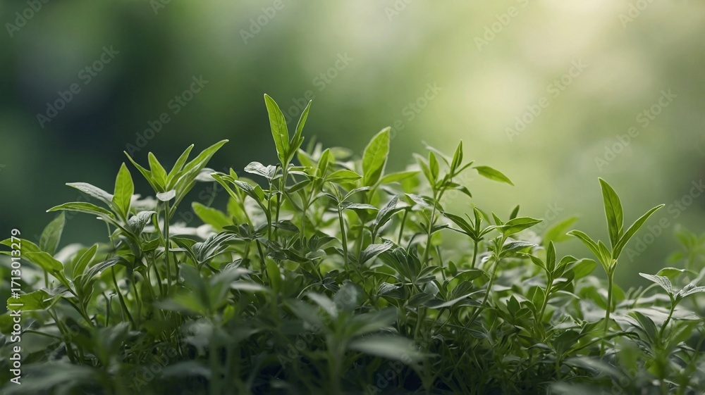 Naklejka premium Lush green plants basking in soft sunlight, creating a serene and refreshing atmosphere.